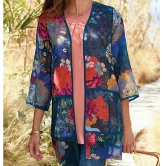 Soft Surroundings Tops - Soft Surroundings Sheer Chiffon Kimono Boho Floral Open Front Medium Art to Wear